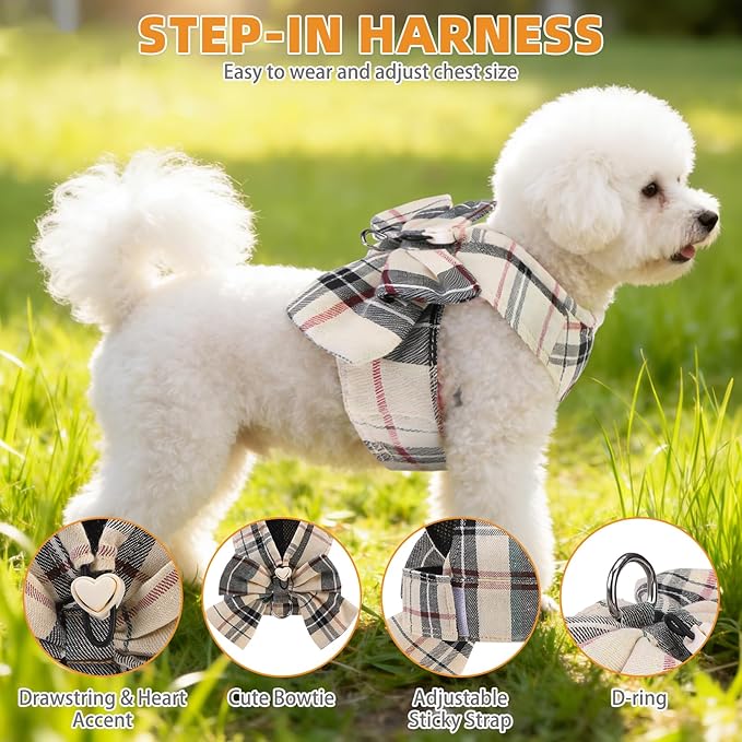KOOLTAIL Small Dog Harness and Leash Set, Cute Puppy Vest Harnesses with Bowtie, Step in No Pull Soft Mesh Padded Adjustable Plaid Pet Harness for Extra-Samll Medium Dogs Cats, Boy Girl, XS-M, Beige S