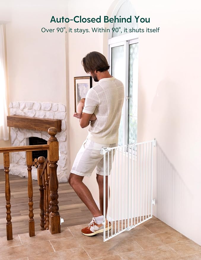 Babelio Baby Gate for Stairs, Kitchen & Doorways, No Bottom Bar| Easy Install| One-Handed Operation| Auto-Close| Hardware Mount Safety Dog Gate (White - B17, 34" H, 26-43" W-Standard 2 Pcs)