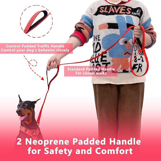 Dog Leash 4ft Long, Double Handle Dog Leash for Safety Control Training, Heavy Duty Dog Leads with Traffic Padded Handles, Reflective Leashes for Small Medium Large Dogs(4ft, Red)