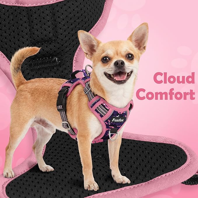Funfox Dog Harness No Pull, Adjustable Pet Vest Harness, Super Soft Material with Vertical Handle Easy Control, Reflective Night Walking, 2 Leash Clips for Large Dogs, Mosaic Pink, L