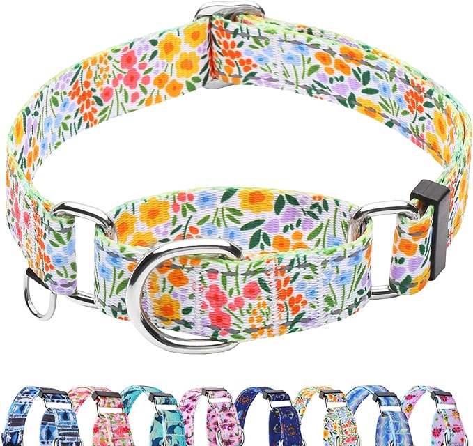 Reflective Martingale Collar for Dogs Nylon Training Collar with No Buckle Cute Floral No Pull Dog Collar for Medium Dogs（Yellow Flower，M）