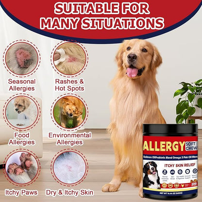 Dog Allergy Chew 200 - Piece Tablets: Probiotics - Powered Relief for Itchy Skin, Ears & Yeast Issues. Get to The Root, Ensure Comfort, Care for The Health of Your Beloved Dog (50)