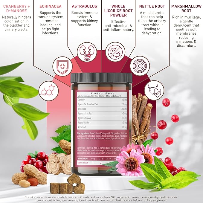 Strawfield Pets Cranberry Bladder & UTI Chews for Dogs D-Mannose + Vitamin C for Urinary Tract Support Peanut Butter Flavored Soft Chews 120 softchews