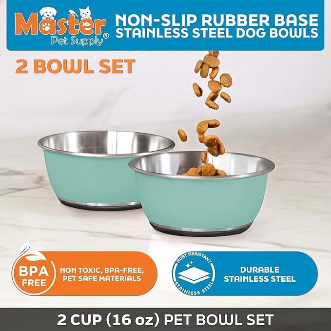 Master Pet Supply Stainless Steel Dog Bowls Set of 2 (16 Oz Each) with Non-Slip Rubber Base - Aqua Sky - Basic Dog Food Bowl Water & Food Bowls for Small Medium Large Dogs & Cats, Metal Dish