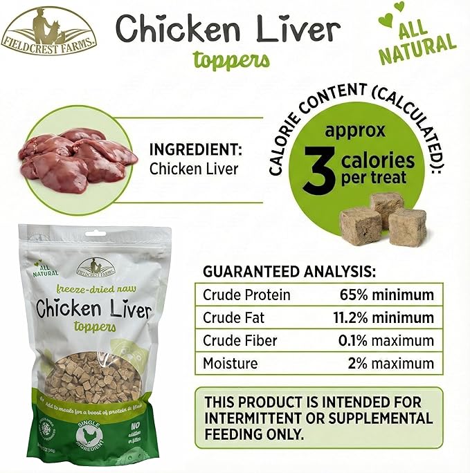 Fieldcrest Farms Freeze-Dried Chicken Liver Dog Food Topper or Treat, 100% Single Ingredient Chicken Liver, High-Protein, Raw & Grain-Free, 12 oz