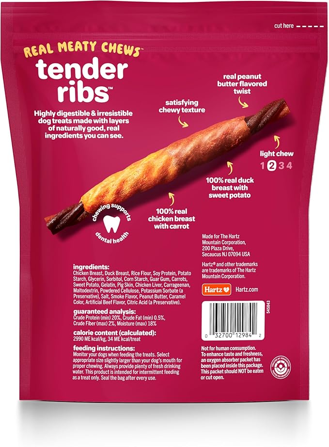 Hartz Oinkies Tender Ribs with Real Chicken, Duck & Veggies, Peanut Butter Flavored Rawhide-Free Dog Treats, Highly Digestible Dog Chews, 22 Count