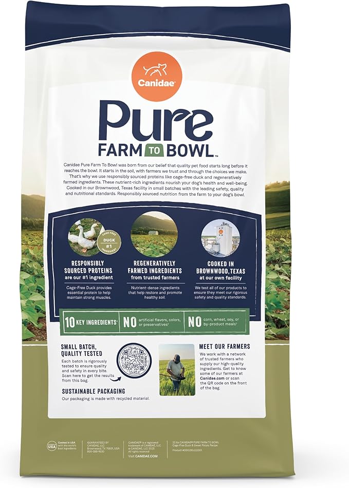 Canidae Pure Farm to Bowl Cage-free Duck & Sweet Potato, Adult, Grain-Free Dry Dog Food, 22lb