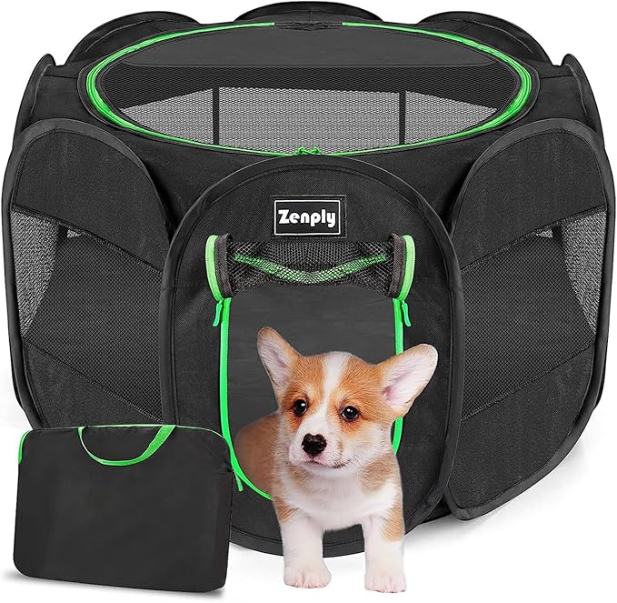 Portable Pet Dog Playpen, Pet Playpen Foldable Extra Heavy Duty Pop Up No Assembly Kennel Tent Crate Indoor Outdoor with Shade Ventilation Mesh for Small Dog, Kitten, Cat, Rabbit (Black)