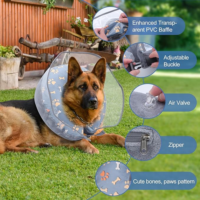 Inflatable Dog Cone Collar After Surgery, Large Dog Neck Donut Collar with Preventive Adjustable Anti-Licking Washable Pet Puppy Cone Collar for Small Medium Large Dogs & Cats (Gray, M)