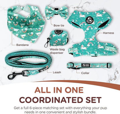 No Pull Harness and Leash Set - 6-in-1 Adjustable Vest Harness and Collars for Medium and Large Dogs. (Tile Unicorn, Large)