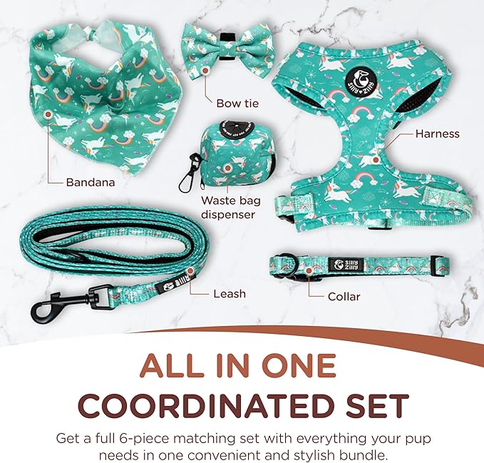 No Pull Harness and Leash Set - 6-in-1 Adjustable Vest Harness and Collars for Medium and Large Dogs. (Tile Unicorn, Small)
