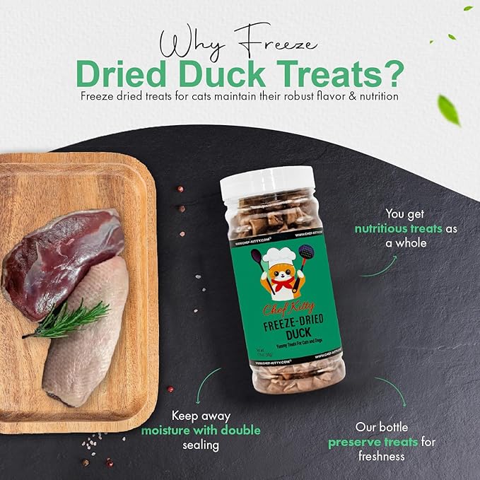 Duck Dog Treats | 100% Human Grade Freeze Dried Cat Treats, Single Ingredient | High Protein Cat & Dog Food Toppers | No Additives or Preservatives | Inspected & Tested in USA | 1.5 oz