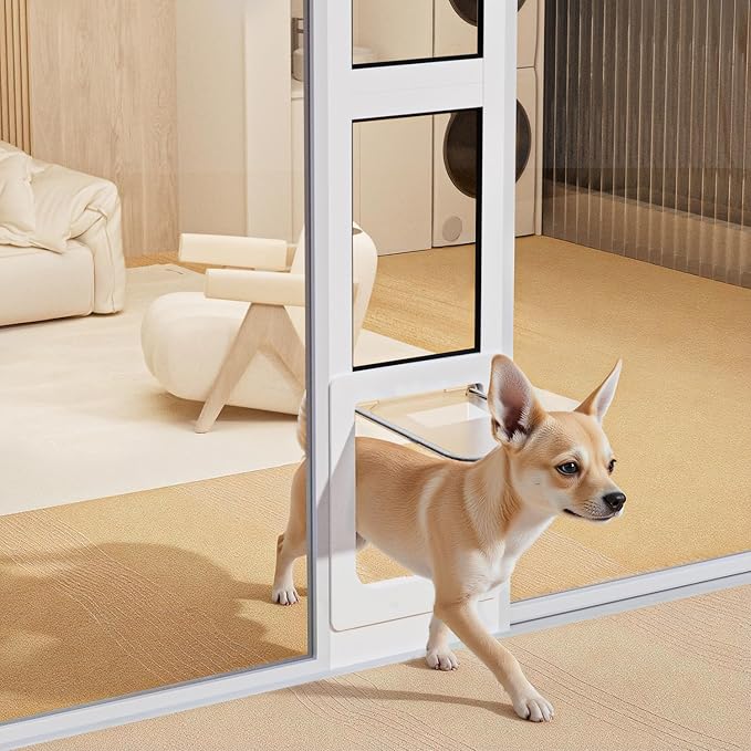Dog Door for Sliding Glass Door, Magnetic Plastic Flap, Adjustable Height, No-Cut Insert with Lock, Ideal for Renters, Apartments, Patio White L