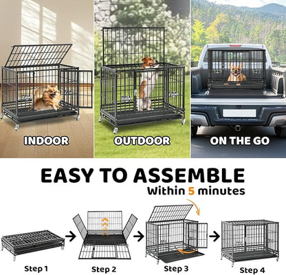 Homey Pet Three Levels 37 Inch Dog Crate 4 Pack, Escape Proof Dog Cage Kennel Indoor with Top Access and Lockable Wheels, Removable Tray, Heavy Duty Dog Crates for Medium/Small Dogs