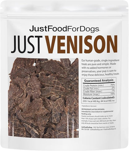JustFoodForDogs Limited Ingredient Healthy Dog Treats and Dog Snacks, Jerky Treats, Human Grade, Preservative Free, Rawhide Free Chews, Low Calorie Treat - Venison Bark, 5 oz