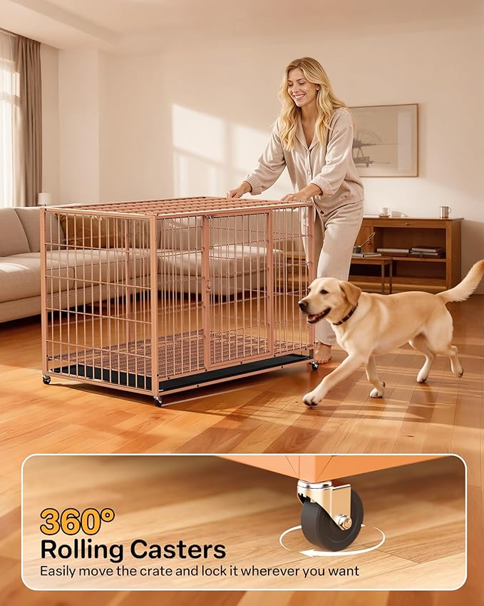 HIWOKK 48 Inch Large Dog Crate, Escape Proof Dog Cage with Dual Door Lock and Swivel Casters,Removable Tray for Easy Cleaning, Dog Kennel Indoor Outdoor Use