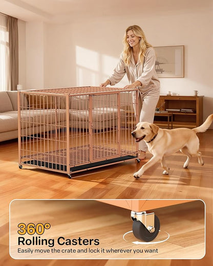 HIWOKK 48 Inch Large Dog Crate, Escape Proof Dog Cage with Dual Door Lock and Swivel Casters,Removable Tray for Easy Cleaning, Dog Kennel Indoor Outdoor Use