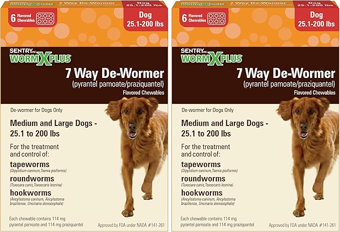 WORM X PLUS Sentry 7 Way De-Wormer Chewables for Dogs - Tablets for Medium & Large Dogs (Over 25 lbs) (pyrantel pamoate/praziquantel), 6 Count (Pack of 2)