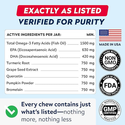 StrellaLab Dog Allergy Relief & Anti Itch Support Chews w/Omega 3: Real Ingredients, Real Taste! Skin & Coat Immune Supplement w/Fish Oil, Pumpkin & Enzymes — Developed by Experts - Made in USA -180Ct