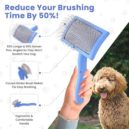 Slicker Brush for Dogs, Dog Grooming Supplies - Best Doodle & Poodle Brush for Haired Dogs - Goldendoodle Pin Detangler for Dematting (Medium Curved)