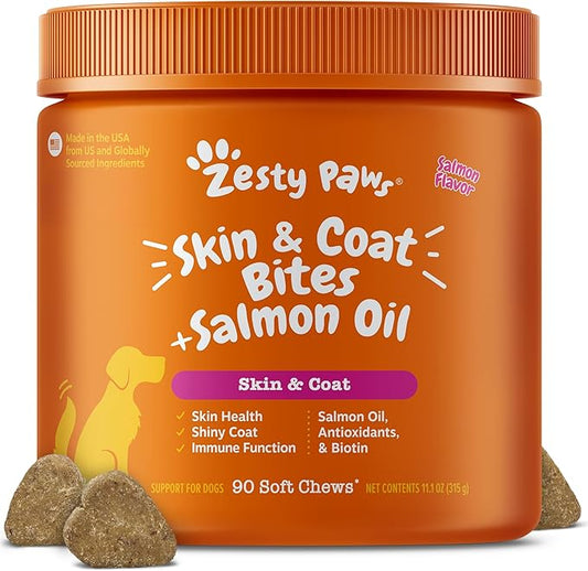 Zesty Paws Salmon Oil for Dogs Skin and Coat, Omega 3 Fish Oil Chews, Dog Allergy Relief Chews, Itch Relief Supplement, 90 Count, Salmon Flavor