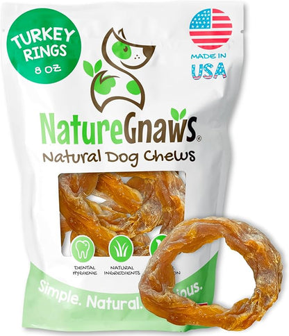 Nature Gnaws USA Turkey Tendon Rings for Dogs (8oz) - Delicious Grain Free Reward Snack for Small, Medium & Large Breeds - Premium Natural Dog Chew Treats