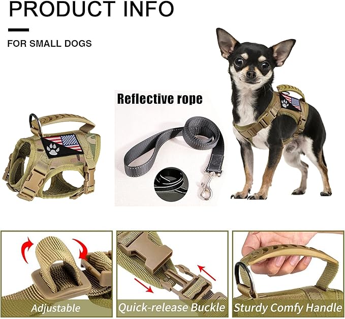 Tactical Dog Harness Tactical Puppy Vest with Rubber Handle K9 Military Adjustable Pet Vest Harness for Outdoor Training XS Dog Harness (Camouflage Harness with Leash)