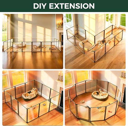 FXW AuraSpace Pro Acrylic Indoor Dog Playpen, Heavy-Duty with Metal Frame, 32" Height 12 Panels for Small and Medium Dogs, Walnut│Patented