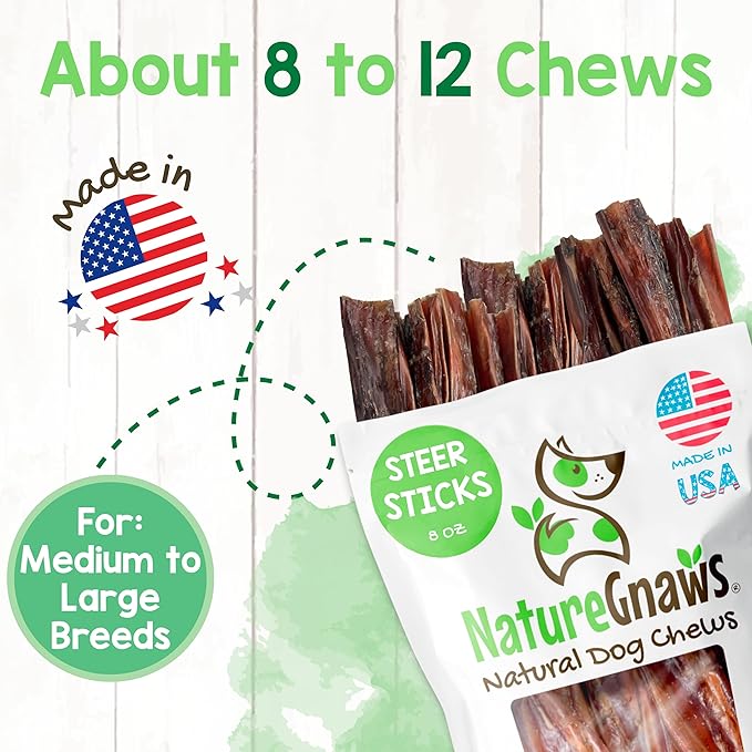 Nature Gnaws USA Steer Sticks for Dogs 5-7" (8oz) - Mixed Thickness - Long Lasting for Aggressive Chewers and Large Dogs - Natural Beef Bully Dog Chew Bones