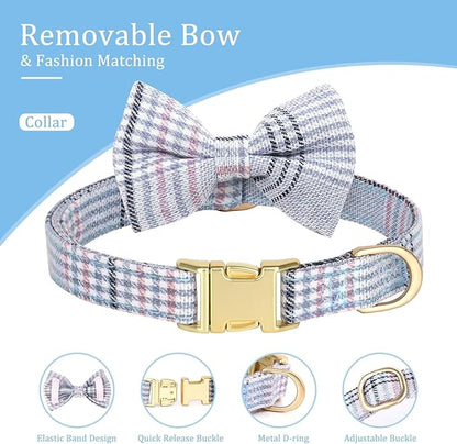 Beirui Cute Extra Small Dog Harness Collar and Leash Set with Bowtie, Soft Adjustable Plaid Puppy Harness for Small Sized Dogs Cats Walks Parties and Photoshoots(Blue,XS:Chest 13-18")
