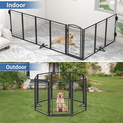 Metal Free Standing Dog Gate with Cat Door for Indoor/Outdoor,160" Extra Wide Foldable Pet Gate,32" Tall Foldable Indoor Dog Fence for Large Openings Stairs,Deck,Yard,Doorways(8 Panels,Black)