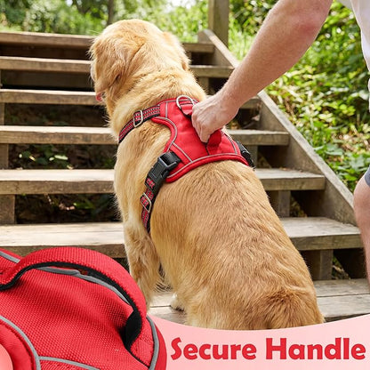 Funfox Dog Harness No Pull, Adjustable Pet Vest Harness, Super Soft Material with Vertical Handle Easy Control, Reflective Night Walking, 2 Leash Clips for Large Dogs, Red, L