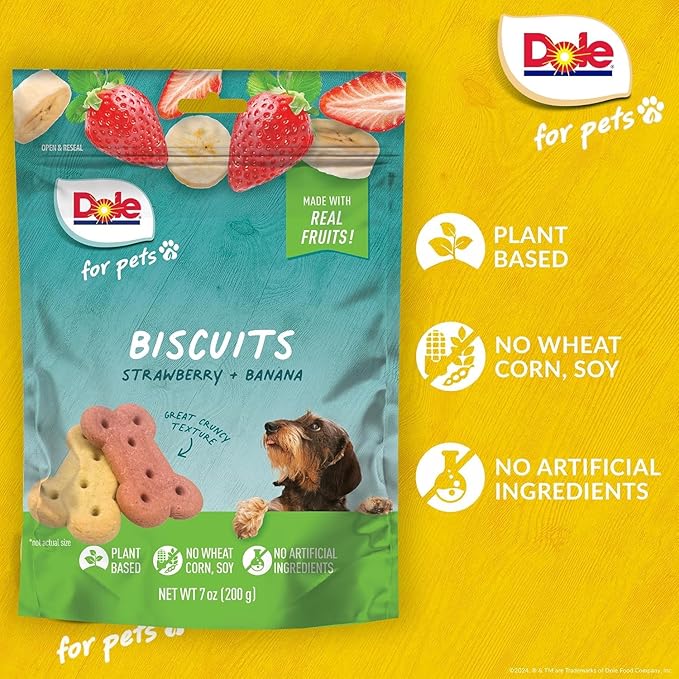 Dole for Pets Dog Biscuits Assorted Banana + Strawberry Mix, Real Fruit Flavor Vegan Crunchy Treats, No Wheat Corn Soy or Artificial Additives, Bite Size Training Snacks for Dogs, 7 Oz - 6 Pack