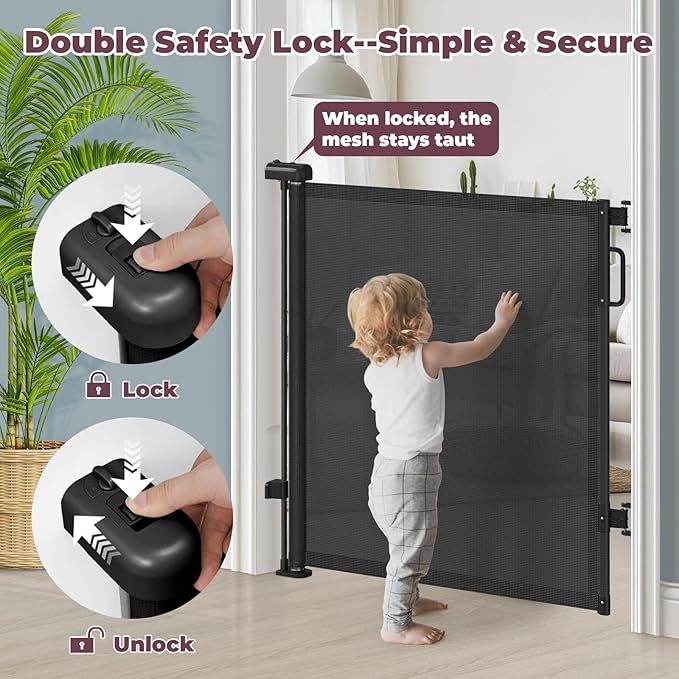 42" Extra Tall Retractable Baby Gates for Stairs, 76" Wide Dog Gate Indoor Outdoor for Doorways Deck Kitchen, Long Mesh Safety Gate for Child Toddler, Prevent Pet from Jumping Over, Black