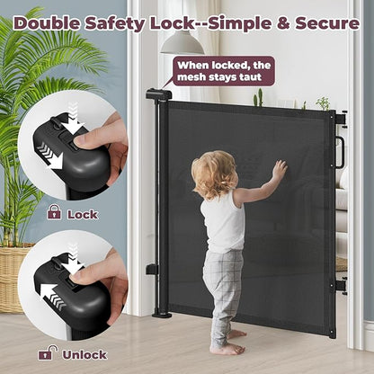 42" Extra Tall Retractable Baby Gates for Stairs, 76" Wide Dog Gate Indoor Outdoor for Doorways Deck Kitchen, Long Mesh Safety Gate for Child Toddler, Prevent Pet from Jumping Over, Black