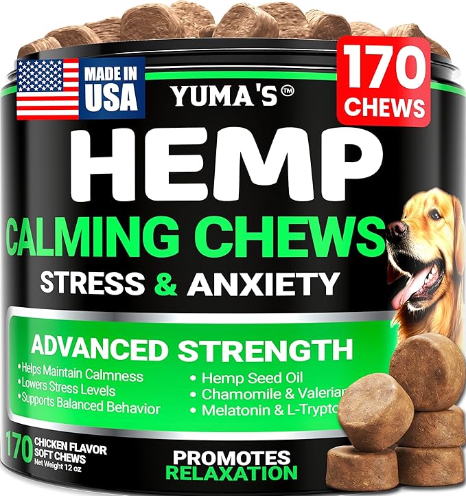 Hemp Calming Chews for Dogs - Advanced Dog Calming Chews - 170 Chews - Anxiety Relief Treats - Separation Aid, Barking, Stress Relief, Thunderstorms - Melatonin - Hemp Oil - Made in USA