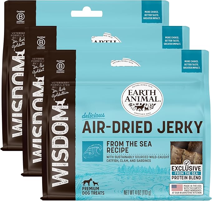 Earth Animal Wisdom Air Dried Jerky - From the Sea Recipe Premium Natural Fish Jerky Strips Dog Treats - 3 Pack 4 oz Bag