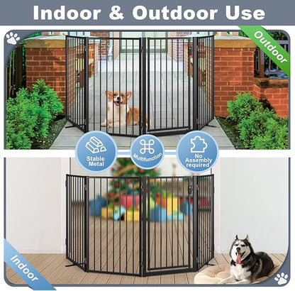 Metal Freestanding Dog Gates with Door for Outdoor Indoor,80'' Extra Wide 36'' Tall Free Standing Dog Gate for Doorways,Large Openings,Deck,Yard,Porch,Foldable Safety Pet Fence(Black,4 Panels)
