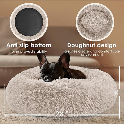 28in Large Dog Bed, Medium Size Dog and Cats, Calming Donut Bed for Puppy and Kitten, Washable Round Fluffy Pet Bed (Brown)