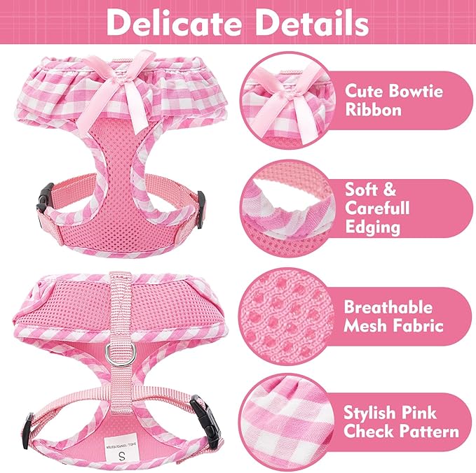 EXPAWLORER Cute Dog Harness and Leash Set - Pink Girl Dog Harness Checkered Step-in Design, Easy Adjustable No-Choke Lightweight Breathable Vest for Puppy Small Dogs Cats Outdoor Walking, X-Small