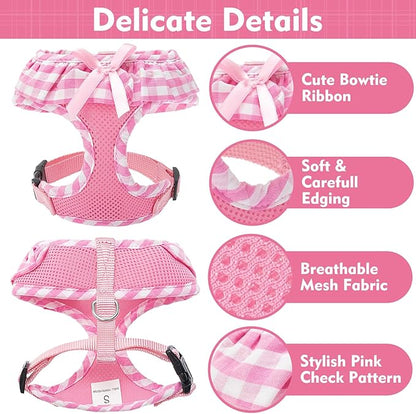 EXPAWLORER Cute Dog Harness and Leash Set - Pink Girl Dog Harness Checkered Step-in Design, Easy Adjustable No-Choke Lightweight Breathable Vest for Small Medium Dogs Outdoor Walking, Medium