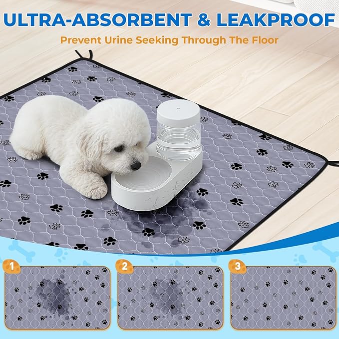 Fostanfly Washable Dog Pee Pads for Dogs, 2-Pack 41"x41" Large Reusable Potty Training Pads, Ultra-Absorbent, Leak-Proof & Non-Slip, with 8 Lanyards for Playpen, Crates & Furniture, Gray