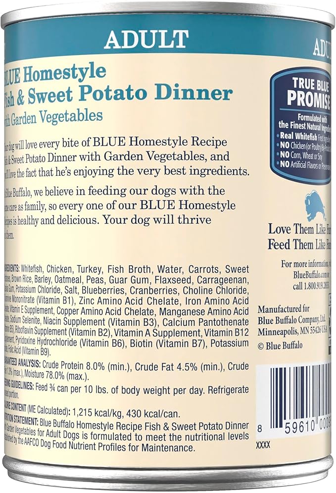 Blue Buffalo Homestyle Recipe Adult Wet Dog Food, Made with Natural Ingredients, Fish & Sweet Potato Dinner with Garden Vegetables, 12.5-oz can (Pack of 12)