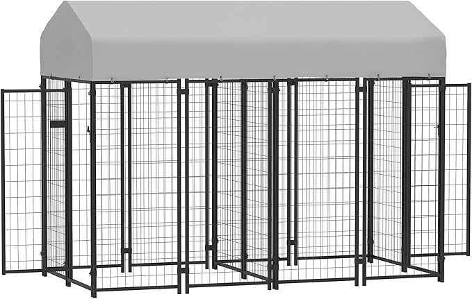 PawHut Outdoor Dog Kennel with 2 Rooms, 8' x 4' x 6' Heavy Duty Welded Wire Dog Playpen Enclosure with Escape-Proof Lock, UV-Resistant & Waterproof Cover, for Large Dogs, Chickens, Ducks, Silver