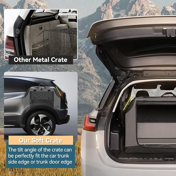 PETSFIT Dog Travel Crate, Soft Sided Dog Crate - 36 Inch Sturdy Adjustable Structure, Easy to Set Up, Collapsible Dog Crate for Car, Light Tough with 3 Mesh Doors Gray