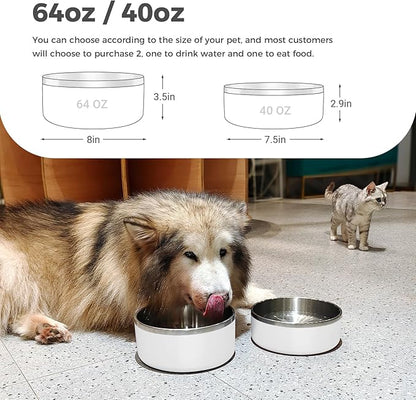 WENBOKMIN Dog Bowl, Stainless Steel Dog Food and Water Bowl with Non Slip Quiet Bottom, Easy to Clean, Dishwasher Safe, 64oz, White