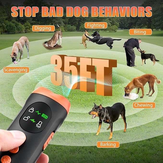 Lamido Ultrasonic Dog Bark Deterrent Devices with HD Display, 3 Emitters Anti Barking Device for Dogs, 35 FT Range, 2500 mAh Rechargeable Dog Training Tool for Indoors Outdoors Use