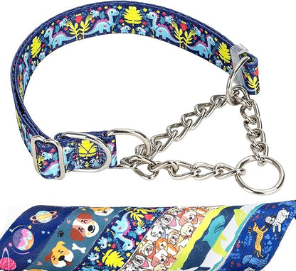 Martingale Dog Collar - Adjustable Anti-Pull Training Collar with Safe Choke Chain Design,Dinosaur Pattern for Medium,Large & XL Dogs (Dinosaur Large)