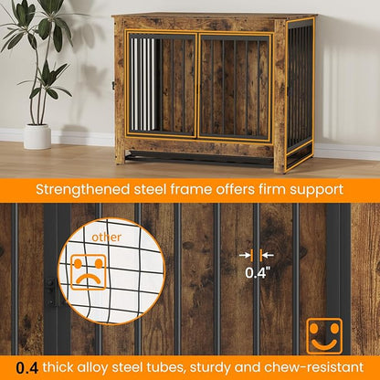 Derfullo Dog Crate Furniture, 38 Inch Indoor Dog Kennel for Medium Dogs Up to 50 LBS, Heavy Duty Wooden Pet Cage End Table with 3 Doors, Alloy Steel Frame & Removable Tray
