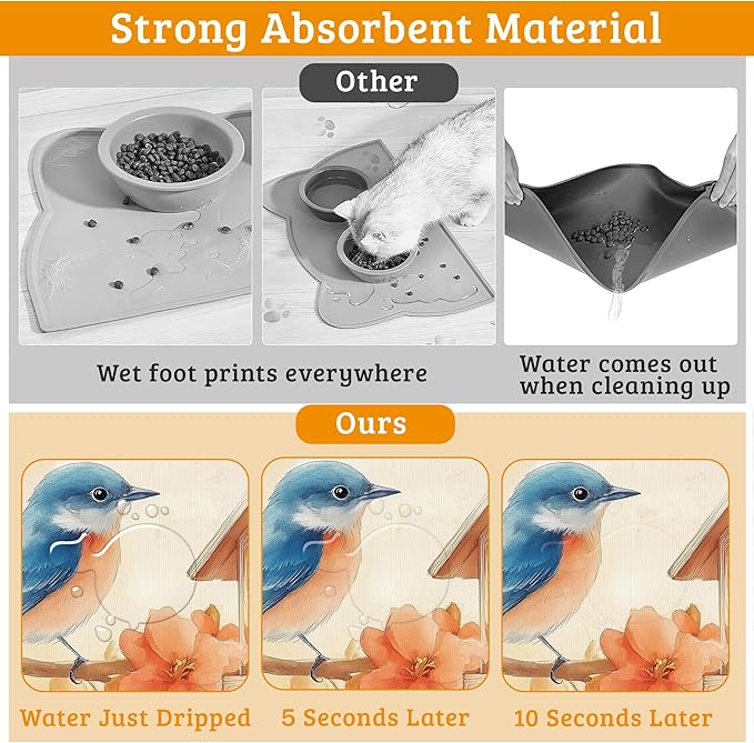 Dog Bowl Mat,Blue Bird Pet Feeding Mat for Floors Waterproof,Fall Leaves Absorbent Dogs Placemat for Food and Water Quick Dry Pet Cat Feeding Mats with Non Slip Bottom 16" x 24"